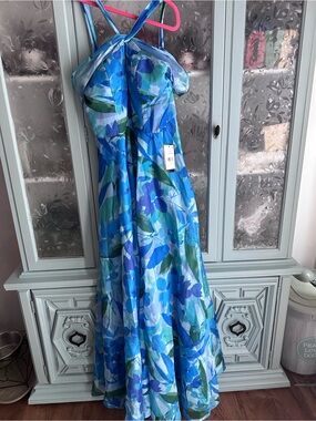 Taylor Blue and Green Floral Halter Maxi Dress
